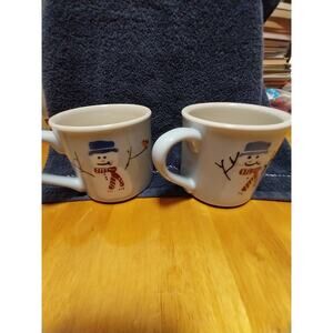 Hartstone Ceramic Snowman Mugs Set of 2 White Blue Pottery Holiday Winter USA